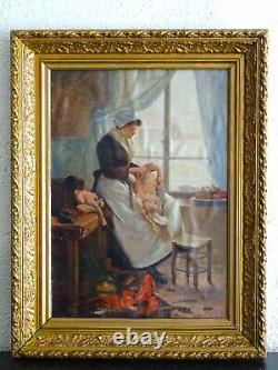 PAINTING XXth CENTURY, AROUND 1910 - PEASANT WOMAN IN THE KITCHEN - SIGNED GILBERT (VICTOR GABRIEL)