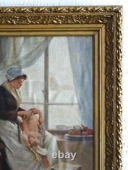 PAINTING XXth CENTURY, AROUND 1910 - PEASANT WOMAN IN THE KITCHEN - SIGNED GILBERT (VICTOR GABRIEL)