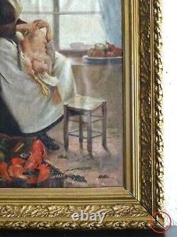 PAINTING XXth CENTURY, AROUND 1910 - PEASANT WOMAN IN THE KITCHEN - SIGNED GILBERT (VICTOR GABRIEL)