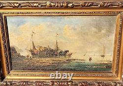 PIERRE JULIEN GILBERT. Animated Marine Landscape Oil Painting on Wood Panel