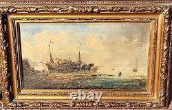 PIERRE JULIEN GILBERT. Animated Marine Landscape Oil Painting on Wood Panel