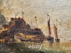 PIERRE JULIEN GILBERT. Animated Marine Landscape Oil Painting on Wood Panel