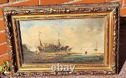 PIERRE JULIEN GILBERT. Animated Marine Landscape Oil Painting on Wood Panel