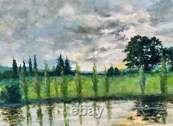 PIERRE PIOT Riverbank Landscape Oil Painting on Wood Panel