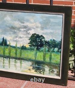 PIERRE PIOT Riverbank Landscape Oil Painting on Wood Panel