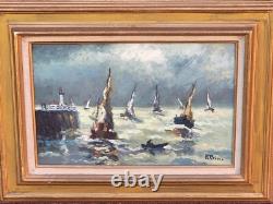 PRIN René, 1905-1985 Boats in Honfleur Oil painting on wooden panel