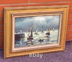 PRIN René, 1905-1985 Boats in Honfleur Oil painting on wooden panel