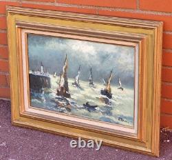 PRIN René, 1905-1985 Boats in Honfleur Oil painting on wooden panel