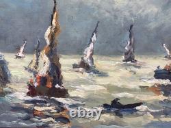 PRIN René, 1905-1985 Boats in Honfleur Oil painting on wooden panel