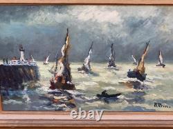 PRIN René, 1905-1985 Boats in Honfleur Oil painting on wooden panel
