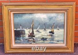 PRIN René, 1905-1985 Boats in Honfleur Oil painting on wooden panel