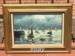 PRIN René, 1905-1985 Boats in Honfleur Oil painting on wooden panel