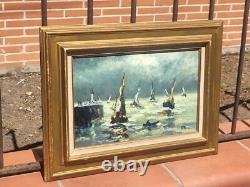 PRIN René, 1905-1985 Boats in Honfleur Oil painting on wooden panel