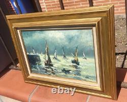 PRIN René, 1905-1985 Boats in Honfleur Oil painting on wooden panel
