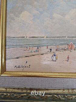 P. Stefani Beach Scene Painting Oil On Wood Panel Signed Framed