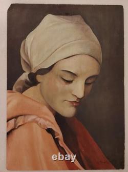 Painted Portrait of a Veiled Woman by A. Guedan, Oil on Wood, Circa 1950