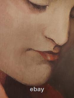 Painted Portrait of a Veiled Woman by A. Guedan, Oil on Wood, Circa 1950