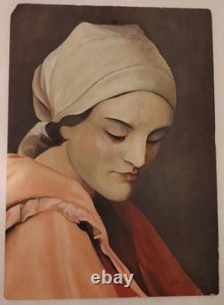 Painted Portrait of a Veiled Woman by A. Guedan, Oil on Wood, Circa 1950