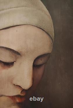 Painted Portrait of a Veiled Woman by A. Guedan, Oil on Wood, Circa 1950