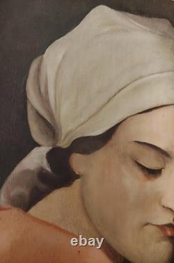 Painted Portrait of a Veiled Woman by A. Guedan, Oil on Wood, Circa 1950