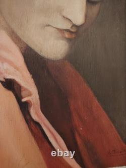 Painted Portrait of a Veiled Woman by A. Guedan, Oil on Wood, Circa 1950