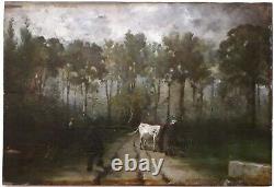 Painting 1860 Scene Peasant Barbizon Oil/wood Near Rousseau Millet