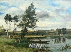 Painting Ancient Landscape Animated Fishermen Impressionist River Signed Ed. Lambert