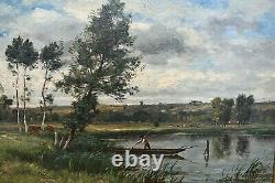 Painting Ancient Landscape Animated Fishermen Impressionist River Signed Ed. Lambert