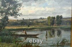 Painting Ancient Landscape Animated Fishermen Impressionist River Signed Ed. Lambert