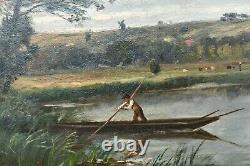 Painting Ancient Landscape Animated Fishermen Impressionist River Signed Ed. Lambert