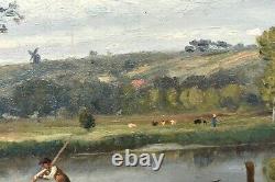 Painting Ancient Landscape Animated Fishermen Impressionist River Signed Ed. Lambert