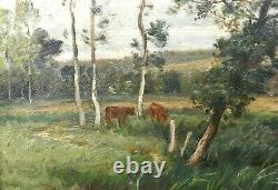 Painting Ancient Landscape Animated Fishermen Impressionist River Signed Ed. Lambert