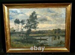 Painting Ancient Landscape Animated Fishermen Impressionist River Signed Ed. Lambert