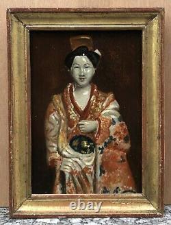 Painting Ancient Oil Portrait Japanese Woman Traditional Costume Kimono Frame