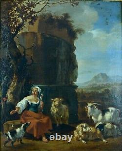 Painting Ancient Scene Pastoral Landscape Bergère Herd Flemish 17th Sv Berchem