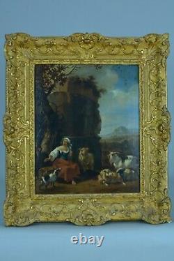 Painting Ancient Scene Pastoral Landscape Bergère Herd Flemish 17th Sv Berchem