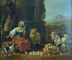 Painting Ancient Scene Pastoral Landscape Bergère Herd Flemish 17th Sv Berchem