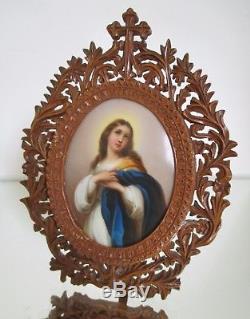 Painting Miniature Painting On Porcelain Virgin Nineteenth Carved Wood Frame