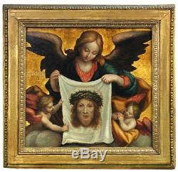 Painting Of The Sixteenth Century. Oil On Wood. Angels Wearing The Veil Of Christ