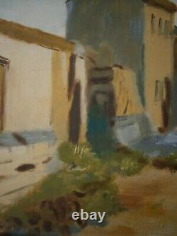 Painting Oil On Carton Frame Wood Dore Sheet 45x26 Landscape Deco Village