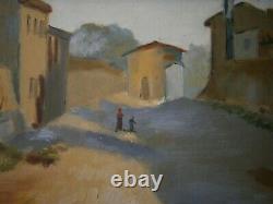 Painting Oil On Carton Frame Wood Dore Sheet 45x26 Landscape Deco Village