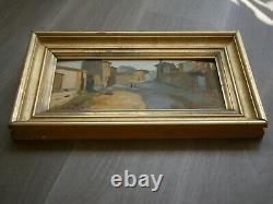 Painting Oil On Carton Frame Wood Dore Sheet 45x26 Landscape Deco Village