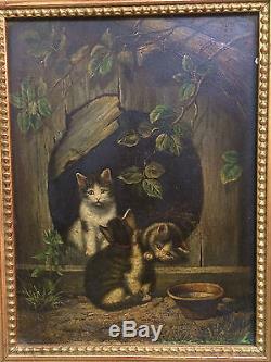Painting / Oil On Panel With Cat Decorations