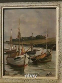 Painting Oil On Wood Boats Landscape Of Brittany