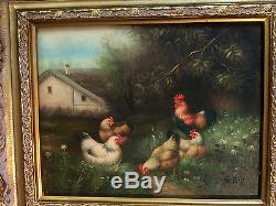 Painting / Oil On Wood Le Poulailler Signed G. Roy