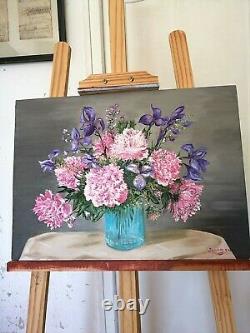 Painting Oil On Wood Painting Dead Nature Peonies And Iris Signed Sanchez