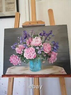 Painting Oil On Wood Painting Dead Nature Peonies And Iris Signed Sanchez