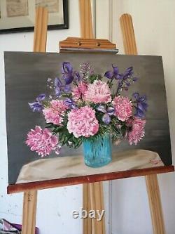 Painting Oil On Wood Painting Dead Nature Peonies And Iris Signed Sanchez