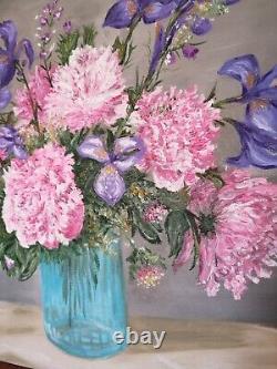 Painting Oil On Wood Painting Dead Nature Peonies And Iris Signed Sanchez