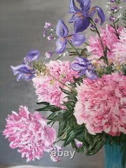 Painting Oil On Wood Painting Dead Nature Peonies And Iris Signed Sanchez